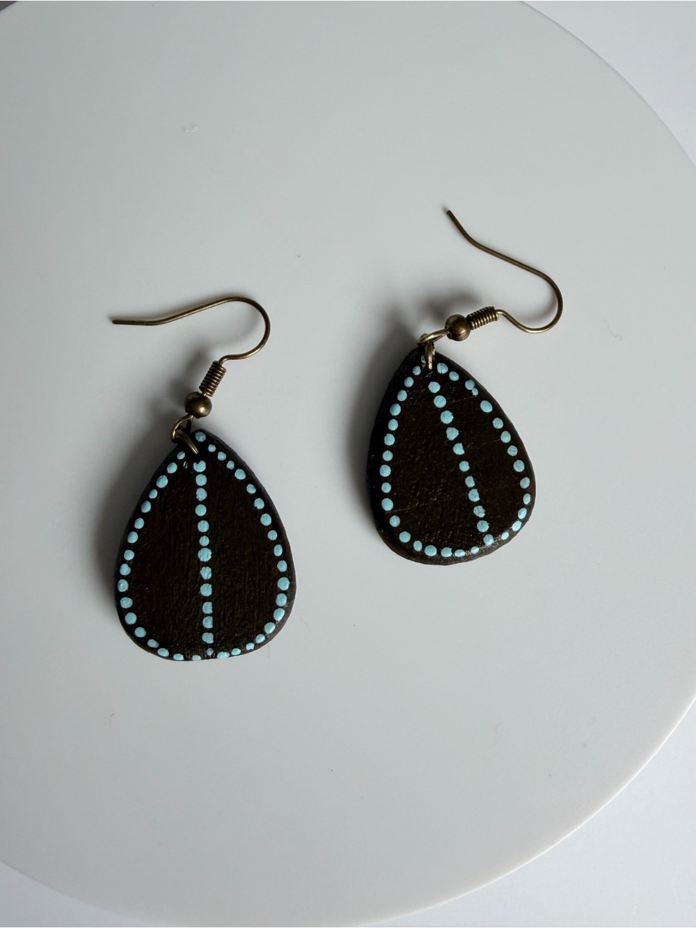 Hand-Painted Teardrop wood Earrings in dark brown and Light Blue